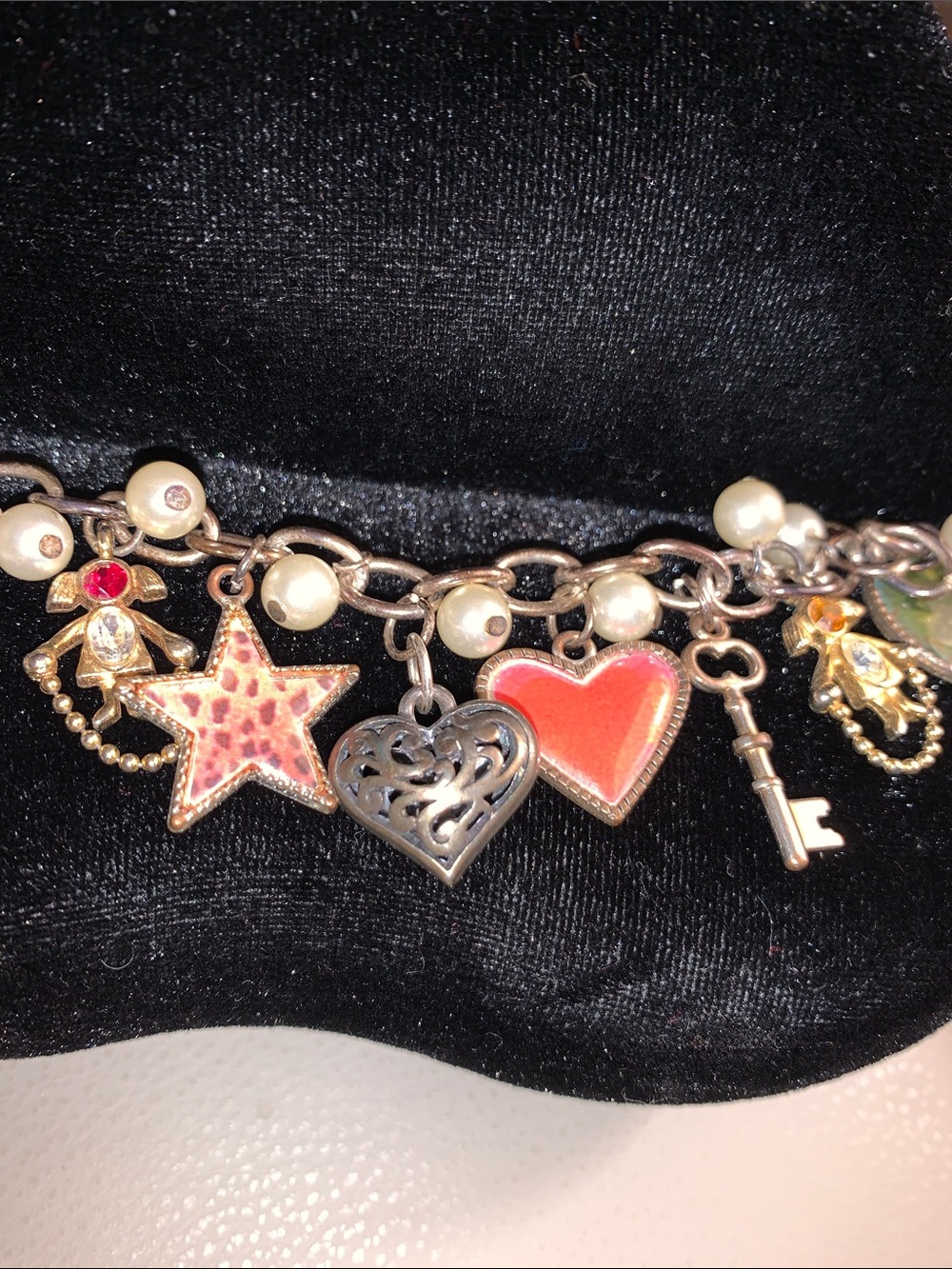 Hand Crafted Charmed Heart & Star Bracelet with Pearls - Red & Pink Accents